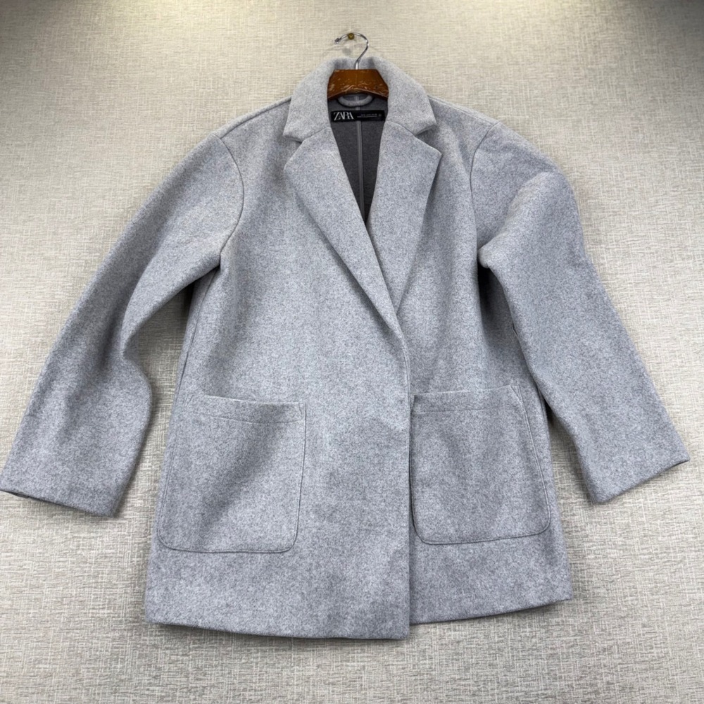 Zara Basic Womens Grey Notched Lapel Open Front Patch Pocket Coat Small